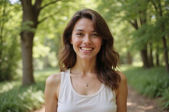 O persoană zâmbind, plină de vitalitate și sănătate, într-un mediu natural, simbolizând bunăstarea generală.