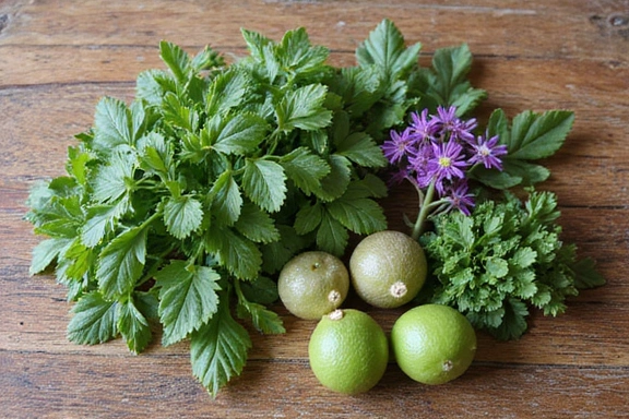 Plante medicinale proaspete, aranjate elegant pe o suprafață de lemn, sugerând remedii naturale și echilibru.