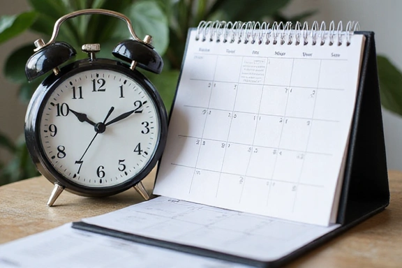 Imagine cu un ceas de birou și un calendar deschis la o săptămână de lucru
