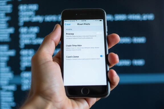 O mână care ține un smartphone afișând setările de confidențialitate, cu un fundal estompat de date digitale.