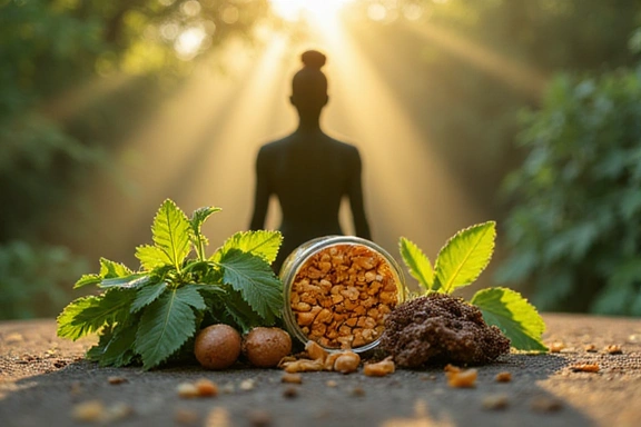 Imagine reprezentând ingrediente naturale și o siluetă umană echilibrată, simbolizând armonia și sănătatea